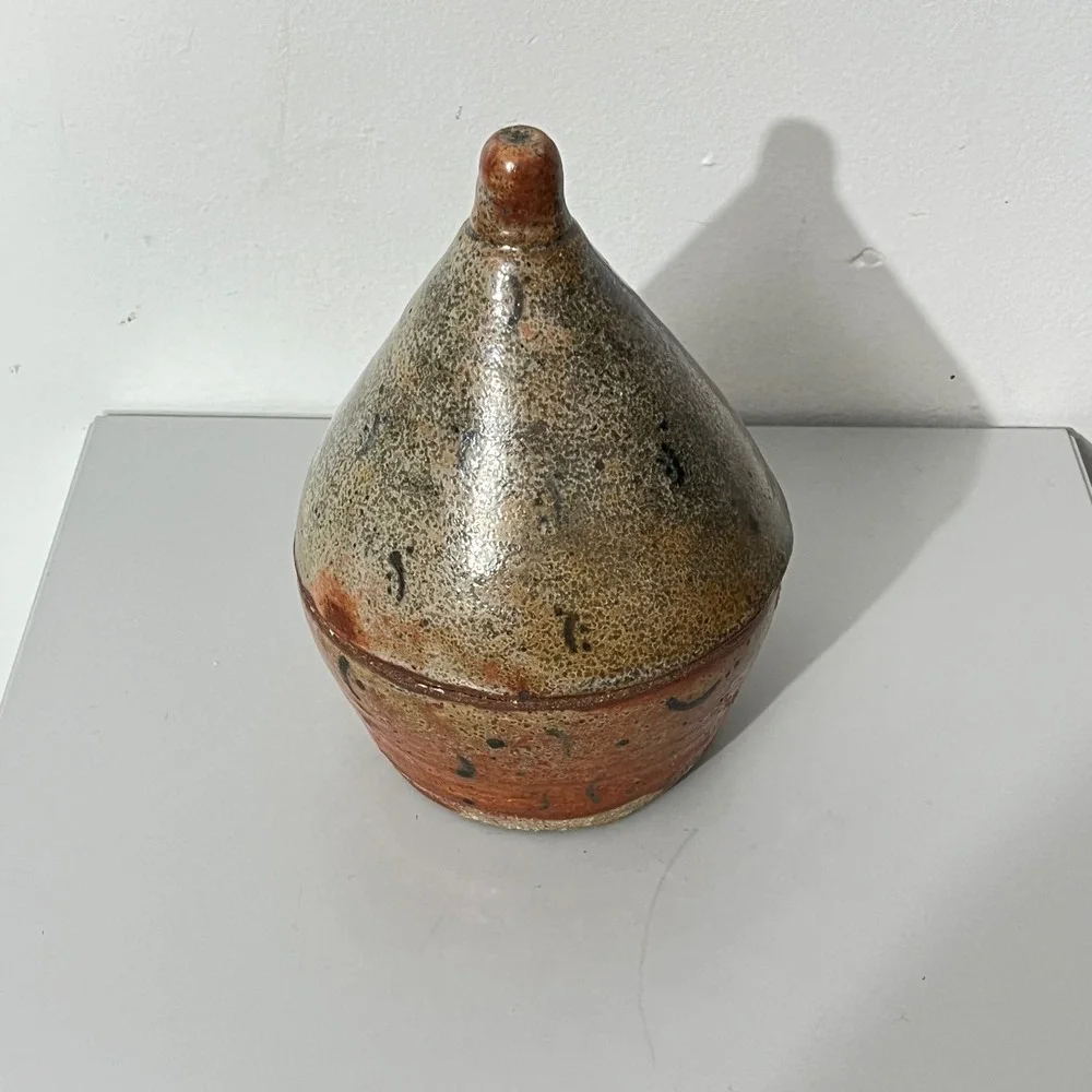 Vintage Studio Pottery Lidded Jar  Brown Green Salt Glaze Conical Vessel